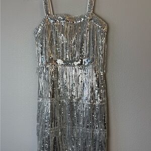 Silver Sequin Fringe Party Dress